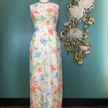 1970s maxi dress, vintage 70s dress, floral cotton dress, sleeveless dress, 70s summer dress, orange flowers, border print, medium, 28 waist 
