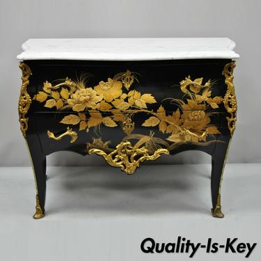 French Louis XV Style Marble Top Black &amp; Gold Bombe Commode Chest Bronze Ormolu