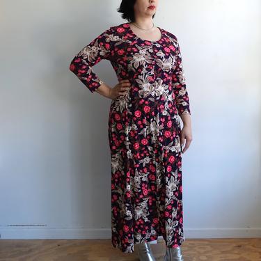 Vintage 70s Psychedelic Maxi Dress/ 1970s Floral Long Sleeve Maxi Dress/ Size Large XL 