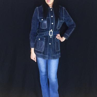 Vintage 60s 70s Blue Suede Belted Buckle Bohemian Mod Leather Jacket S // M 