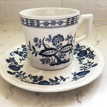 Vintage Coventry Blue Kensington Flat Tea Cup And Saucer, Blue Onion Ironstone Blue And White Transfer Ware Tea Cup Coffee Cup by LeChalet