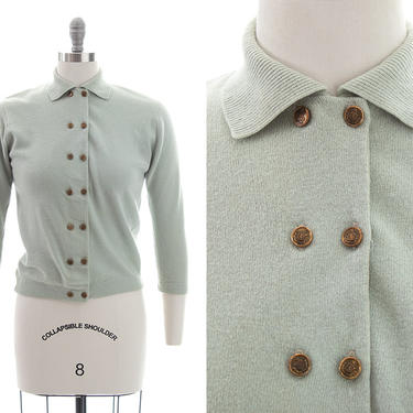 Vintage 1950s Cardigan | 50s Wool Angora Knit Mint Green Blue Double Breasted Button Up Sweater (medium/large) 