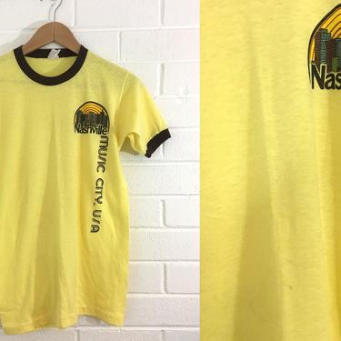 Vintage T-Shirt 80s Nashville Music City USA 1980s Summer Short Sleeve Yellow Ringer Tee Hipster Shirt Retro Unisex Size Large L Medium M 