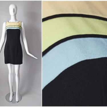 vtg 90s Caren Desiree Company black blue yellow  green colorblock over the knee pencil dress | 1990s cocktail dress | size 10 dress 
