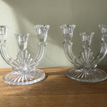 Pair Glass Triple Candle Holder Three Arm Candelabras 