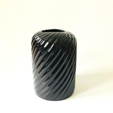 Large Vintage 80s Modern Black Ceramic Swirl Vase 