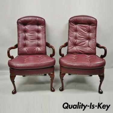 St Timothy Chair Co Burgundy Leather Queen Anne Library Office Arm Chairs - Pair