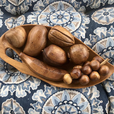 Vintage Hand-Carved Bowl with Fruits MCM Decor 