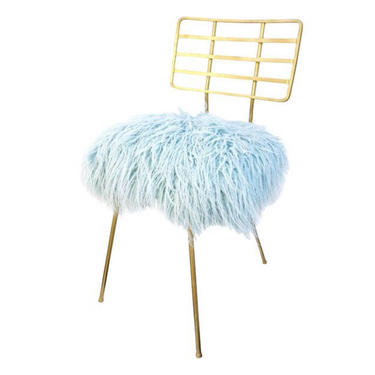 MCM Gold Metal &amp; Light Blue Faux Fur Chair || Glam Space Age Seating || Arthur Umanoff Vanity Stool | Desk / Nursery Chair 