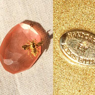 Vintage Alexis Bittar Rose Pink Hand Carved Signed Lucite Pendant w/ Gold Bee | Luminous, Collectible, Jewelry | Designer Necklace Charm 