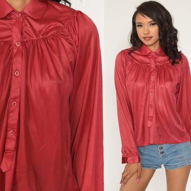 Dark Pink Shirt 70s Button Up Blouse Hippie Boho Tunic Top Tent Shirt 1970s Grecian Disco Top Vintage Collared Long Sleeve Medium 