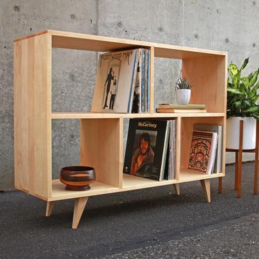 Couzens Vinyl LP Console, 45"W, Bookcase, LP Console, Modern Vinyl Storage, Vinyl Record Storage (Shown in Maple) 