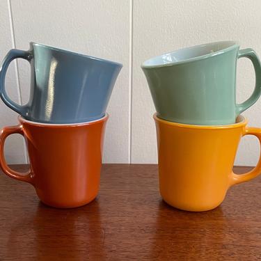 Vintage Corning Pyrex Solid Milk Glass Tea/ Coffee Mugs, MCM Retro Kitchen, Burnt Umber, Marigold, Steel Blue, Seafoam Green 