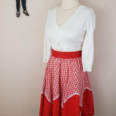Vintage 1960's Gingham Skirt / 70s Red and White Gingham Skirt L 