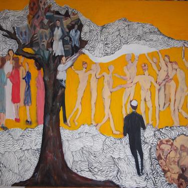 V. LANZKRON SURREALIST PAINTING 36&amp;quot;x48&amp;quot;, Male Female Man Woman Nude Jewish Israel Modern Abstract Folk Outsider Art Brut yellow eames era 