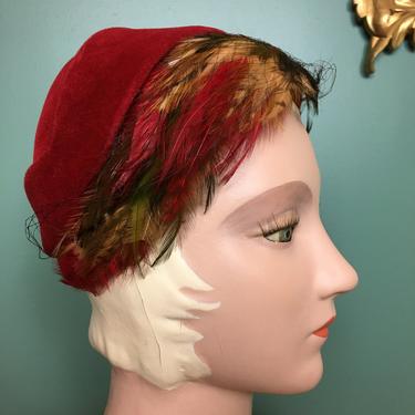 1950s burgundy hat, Helen Joyce original, vintage 50s hat, hat with feathers, the Vienna velour, mrs maisel style, turban style, red caplet by BlackLabelVintageWA