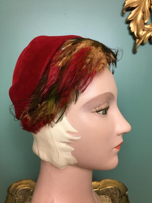 1950s burgundy hat, Helen Joyce original, vintage 50s hat, hat with feathers, the Vienna velour, mrs maisel style, turban style, red caplet 