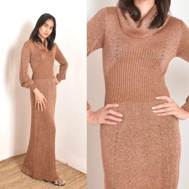 Vintage 1970s Dress / 70s Wenjilli Sparkly Lurex Maxi Dress / Bronze Gold ( medium M ) 