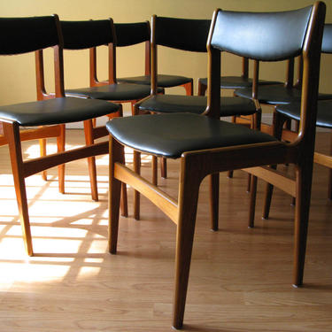 Set of Ten (set of 10) Erik Buch Teak Dining Side Chairs in Black Faux Leather 