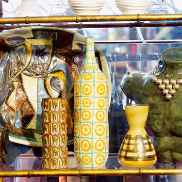 Vintage Mod Ceramic Vase, Tall Handmade Vase With Narrow Neck, Hand Painted Vase With Circle Dot Pattern, White Blue & Orange, 15.5&quot; H 
