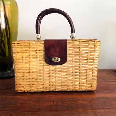 Vintage Basket Purse Box Bag, Woven, Brown Leather Handle, 1950's, 1960's Case, Handbag Clutch 