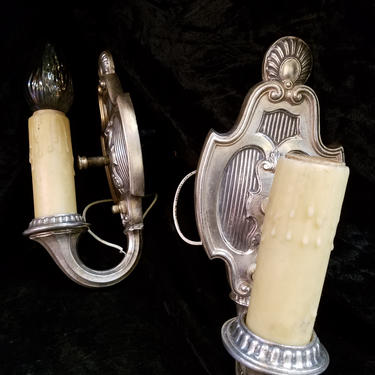 Pair of Silver Colonial Revival Sconces. Circa 1930-40s. 4 x 9.5