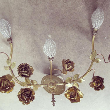 Vintage Solid Brass Floral Wall Sconces With Beaded Light Bulb Covers 