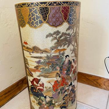 Vintage Large Authentic Japanese Satsuma Vase, Umbrella Stand Hand painted, Embossed Moriage - excellent Condition  18.5&amp;quot; X 9.5&amp;quot; 