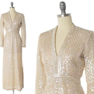 Vintage 1960s Dress | 60s FRED PERLBERG Cream Sequin Silk Chiffon Maxi Wedding Gown with Slit (small) 