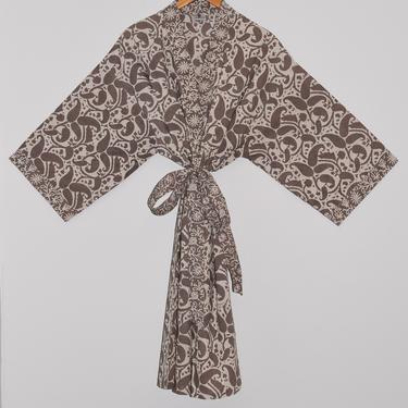 Hand Block Print Kimono Bathrobe, Cotton Dressing Gown, Summer Robe, One Size Kimono, Lightweight Kimono, Taupe Gray Floral Kimono Robe 