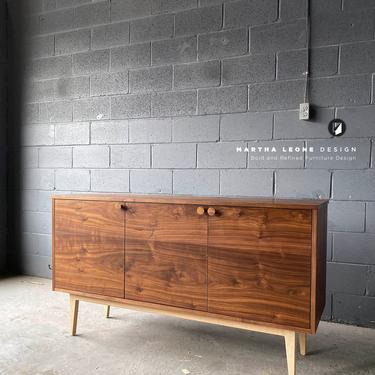 New Hand-Crafted Walnut Credenza with solid white oak legs 