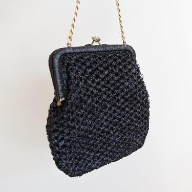 Vintage Raffia Purse, 60s Purse, 1960s Handbag, Chain Handle Purse, Black Woven Soft Handbag, Made in Italy 