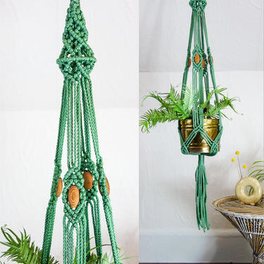 Large macrame plant hanger 4 1/2 foot long sage green hanging planter, vintage style 70s home decor, XL with wood beads for hippie aesthetic 