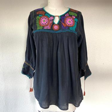 1960s black hand embroidered blouse 