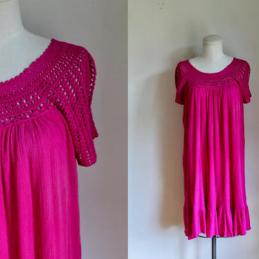 Vintage 1970s Hot Pink Indian Cotton Dress / one size fits most 