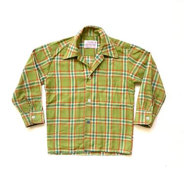 1960’s/70’s KIDS Avocado Plaid Print Shirt Sz 5 