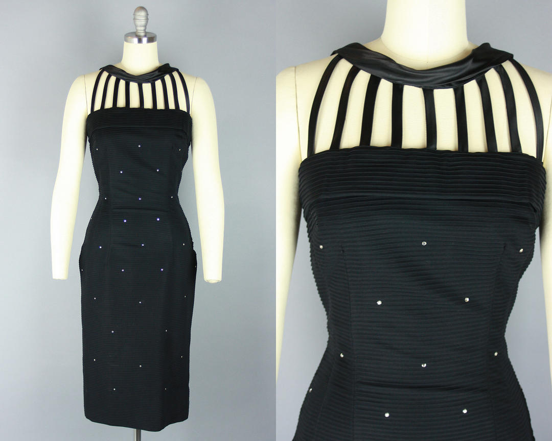 1960s CAGE NECKLINE Dress | Vintage 60s Black Wiggle Dress with | Relic ...