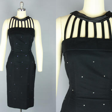 1960s CAGE NECKLINE Dress | Vintage 60s Black Wiggle Dress with Rhinestones | xs 