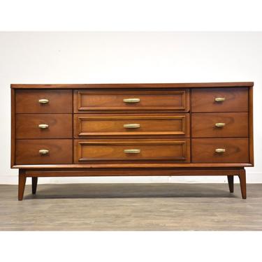 Walnut and Brass Mid Century Modern Dresser 