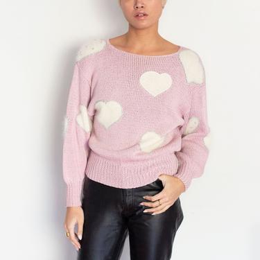 Vintage NANNELL Pink Hand Knit Heart Sweater with Rhinestones and Woven Metallic Thread Trim 1980s sz S M 80s 