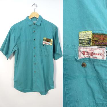 Vintage 90s Bugle Boy Patch Pocket All Cotton Short Sleeve Button Up Shirt Size M 