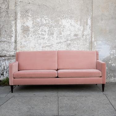 Dreamy vintage blush pink velvet sofa 