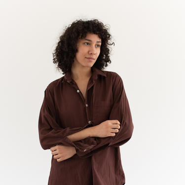Vintage Hickory Brown Long Sleeve Shirt | Overdye Simple Blouse | Clear Button Cotton Work Shirt | S M XL | 