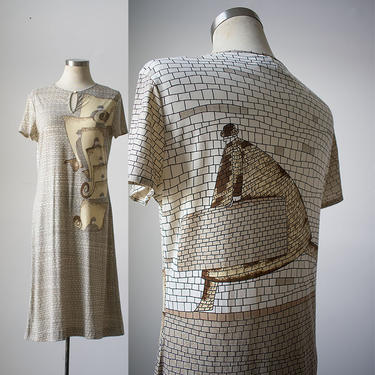 Vintage 1970s Dress / 1970s Gene Berk Dress / Gene Berk Maggie Dress / Trippy Vintage Dress / Brick Wall Print Dress / 70s Midi Dress 