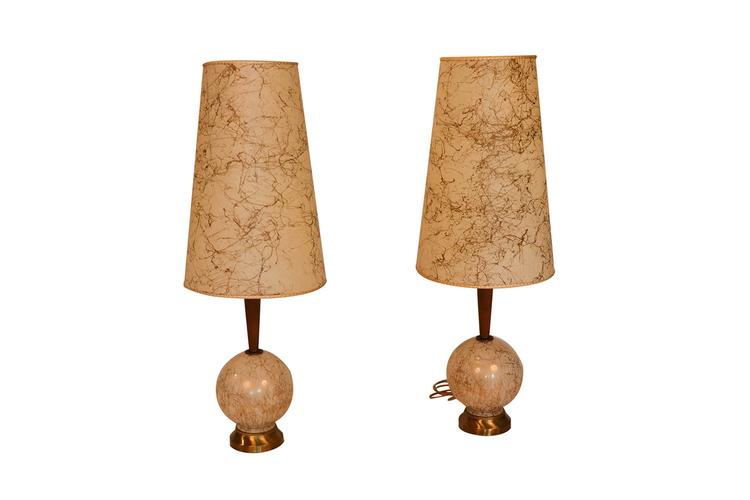 Pair Walnut Brass Base Mid Century Table Lamps 