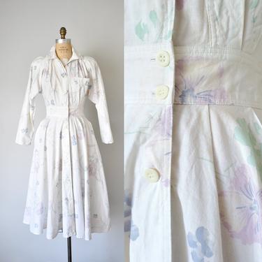 white floral cotton dress, long sleeve summer dress, shirt dress 