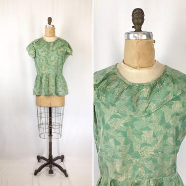 Vintage 30s Top | Vintage green cream rayon novelty print blouse | 1930s ruffle short sleeve shirt 