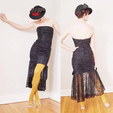 1980s Black Strapless Evening Dress Gunne Sax Jessica McClintock Black Lace Fishtail Skirt / 80s 90s Black Satin Ruched Prom Party Dress /S 