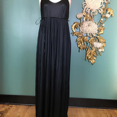 lorraine lingerie, black nightgown, empire waist, vintage nightgown, pleated nylon, 1970s lingerie, size medium, accordion pleat nightie, 36 