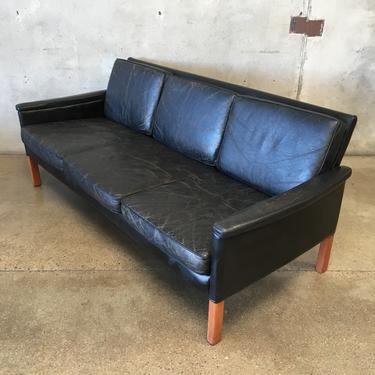 Vintage Mid Century Black Leather Scandinavian Sofa